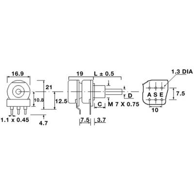 Technical drawing of an electronic component with dimensions in millimetres, wire-bound connections indicated by 'ASE'.