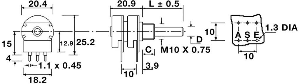 Technical drawing of a potentiometer with dimensions and contact spacing. Shows measurements in millimetres.