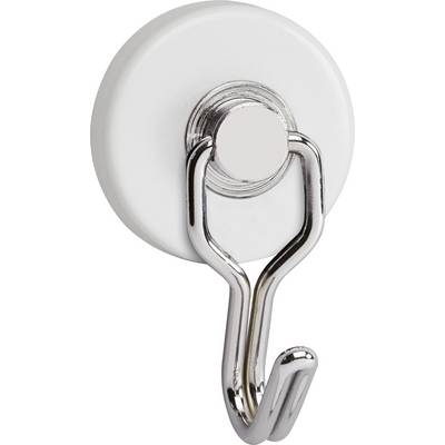 A round, white magnet with a silver hook attached. Ideal for holding light objects on metal surfaces.