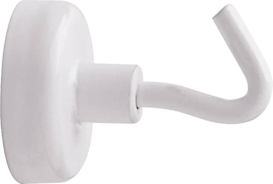 A white wall hook with a curved hook arm, mounted on a round base, is used for hanging items.