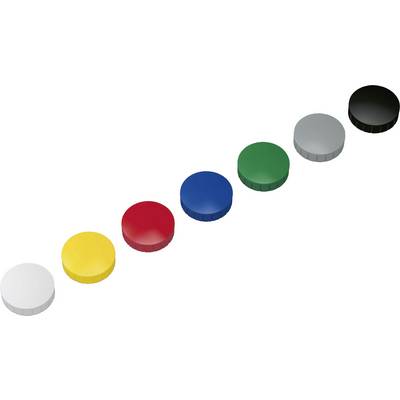 Six round objects in a diagonal row, from left to right: white, yellow, red, blue, green, grey and black.