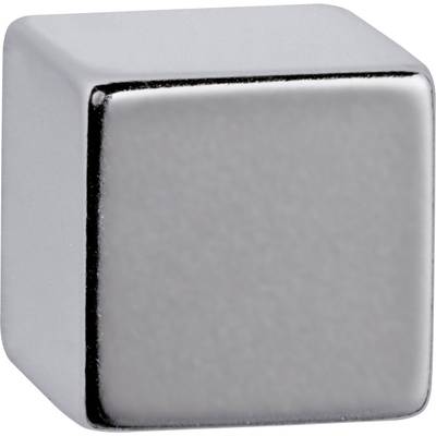 Cube-shaped, shiny metal magnetic block on a light background.