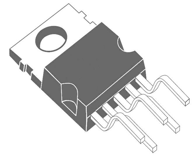 A black and white graphic of a TO-220 transistor package with heatsink, three bent metal legs, and mounting hole, depicted in an isometric view.