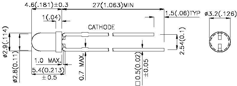 Technical drawing of an LED component design with dimensions and labels, including cathode and anode connections.