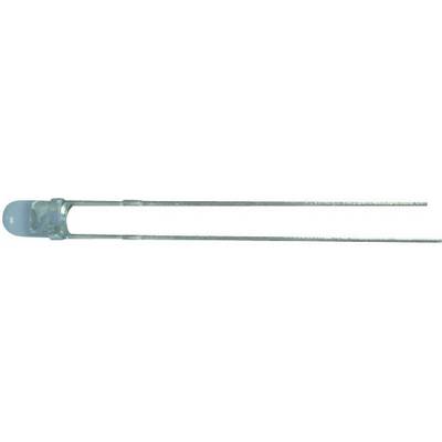 A blue LED with two long metal leads lies flat on a white surface.