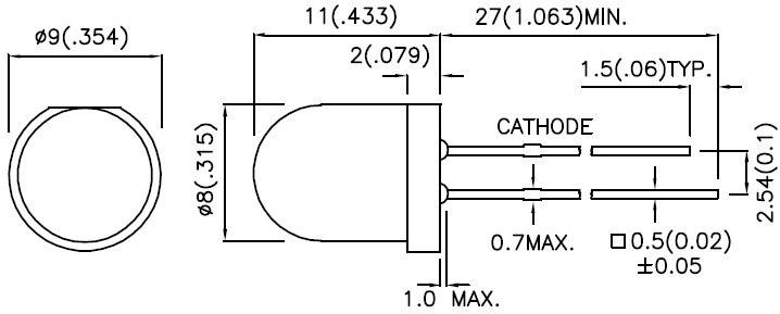 Technical drawing of an LED with dimensions in millimetres and inches. Shows top view and side view, marked cathode, connections.