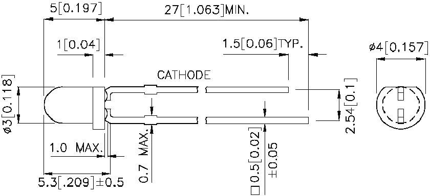 'Technical Drawing of a Light-Emitting Diode: Dimensions and Distances Specified in Inches and Millimetres, Including Anode and Cathode.'