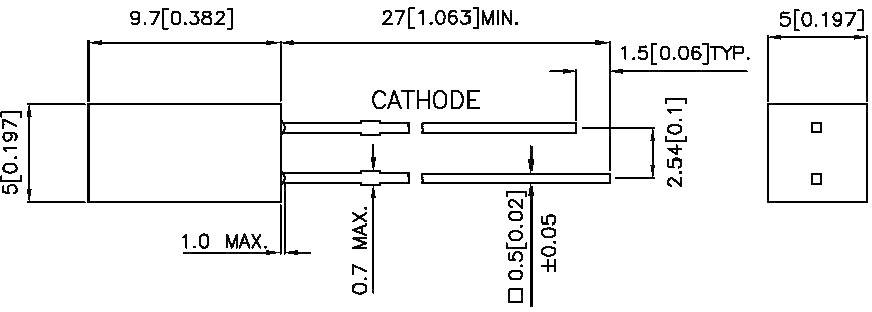 Technical drawing of an electronic component: Dimensions given in millimetres and inches, cathode marking indicated.