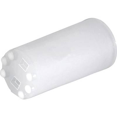Cylindrical, white plastic container with multiple round openings at one end, potentially a component or vessel.
