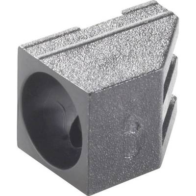 A grey metal piece with a round opening on the side, showing the surface texture and rectangular edges.