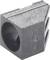 A grey metal piece with a round opening on the side, showing the surface texture and rectangular edges.