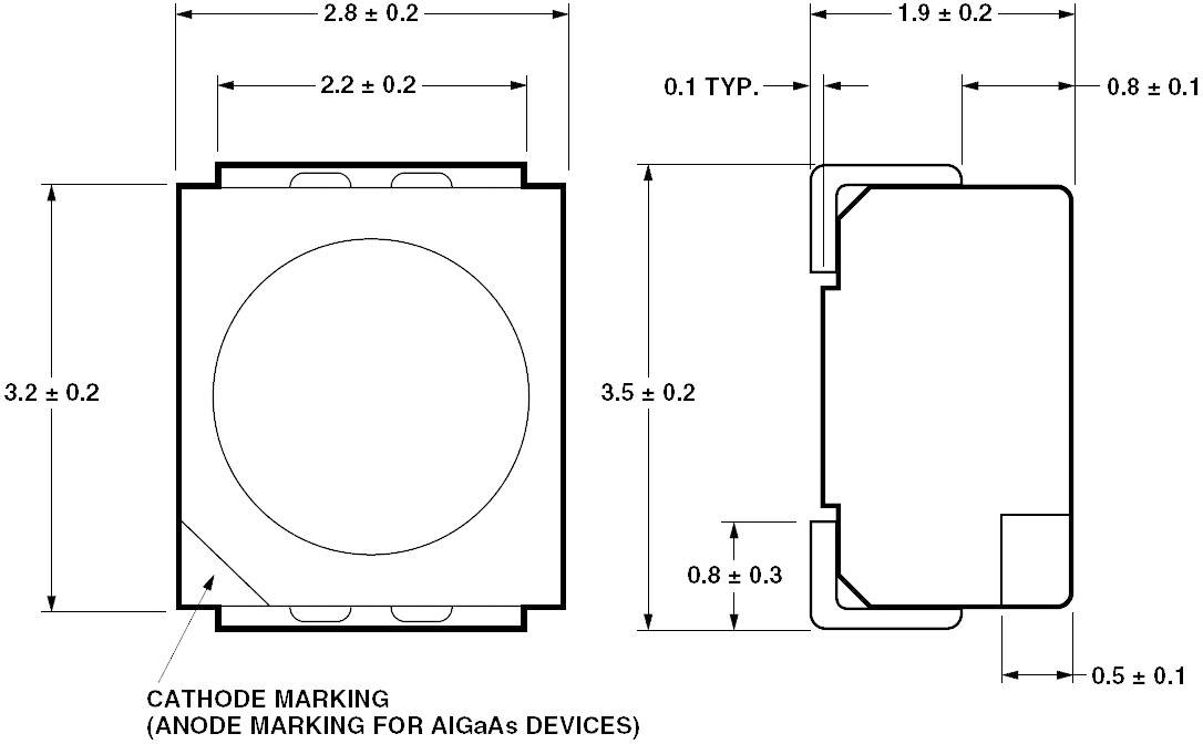 Technical drawing of an electrical component with dimensions in millimetres. Main parts: cathode marking, anode marking for AlGaAs devices.