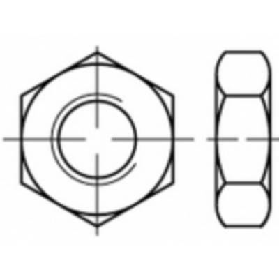 Technical drawing of a hexagonal nut with front and side views. Shows dimensions and thread form for design purposes.