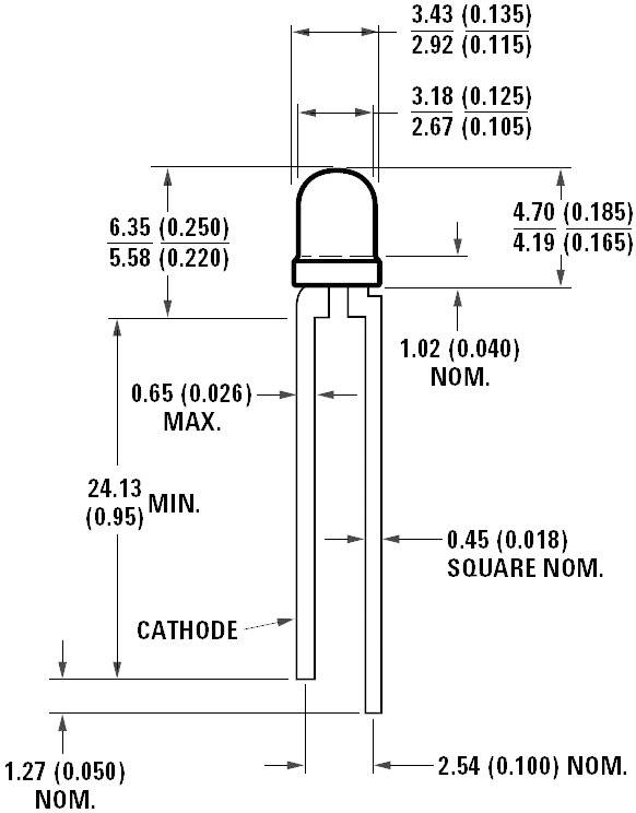 Diagram of an LED housing with dimensions in inches and millimetres. Shows anode, cathode, and structural details.
