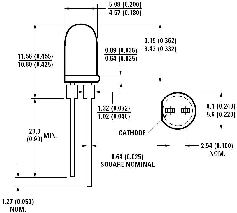 Diagram of an LED component with complete technical dimensions in inches and millimetres, indicating anode and cathode.