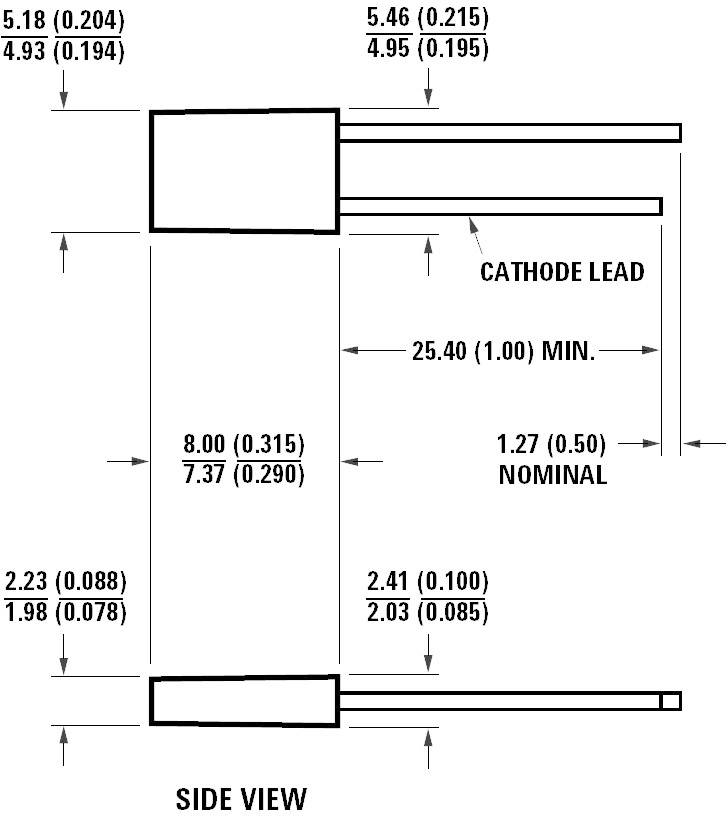 Diagram of an electronic component with dimensions in millimetres and inches. Shows top and side views, marked with 'Cathode Lead'.