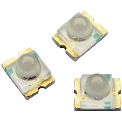 Three small LED chips with domes on a white platform, each with golden contacts at the corners.
