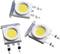 Three white LED chips with yellow luminous surfaces and metallic contact pins positioned at different angles on a white background.