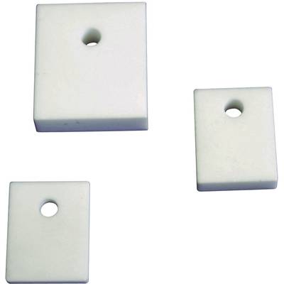 Three white, rectangular plates with a hole in the centre. They are different sizes and appear to be positioned at intervals from one another.