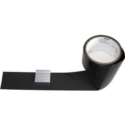 Black adhesive tape, partially unrolled, on the right side of the image. Suitable for temporary repairs and insulation applications.