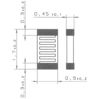Technical drawing of a resistor with dimensions: Length 1.7 mm, Width 0.45 mm, Height 0.3 mm. Shows front and side view.