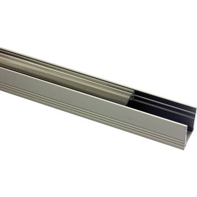 Metallic rail section with a lateral opening, showing design and material surface, potentially part of a larger component.