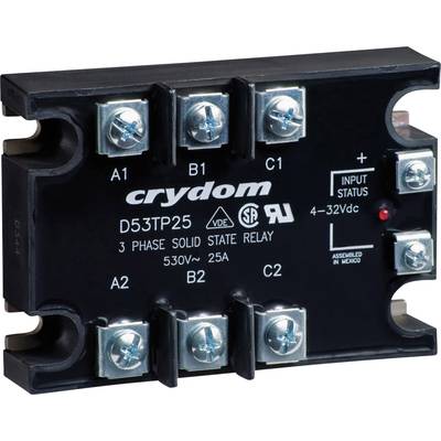 A three-phase solid-state relay by Crydom, Model D53TP25, 530V, 25A. Shows connections, status indicator, and certifications.