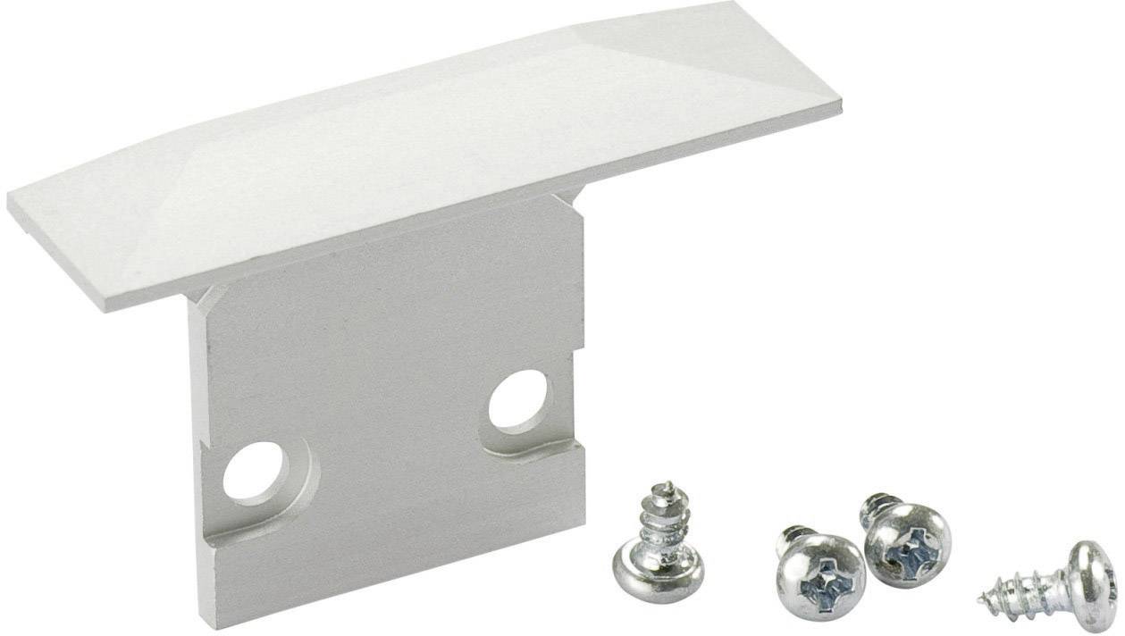 L-shaped metal bracket with a bevelled edge, four screws beside it. Suitable for furniture mounting or similar applications.