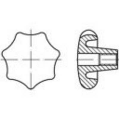 Technical drawing shows a star-shaped knob sketch from above and in cross-section with screw attachment.