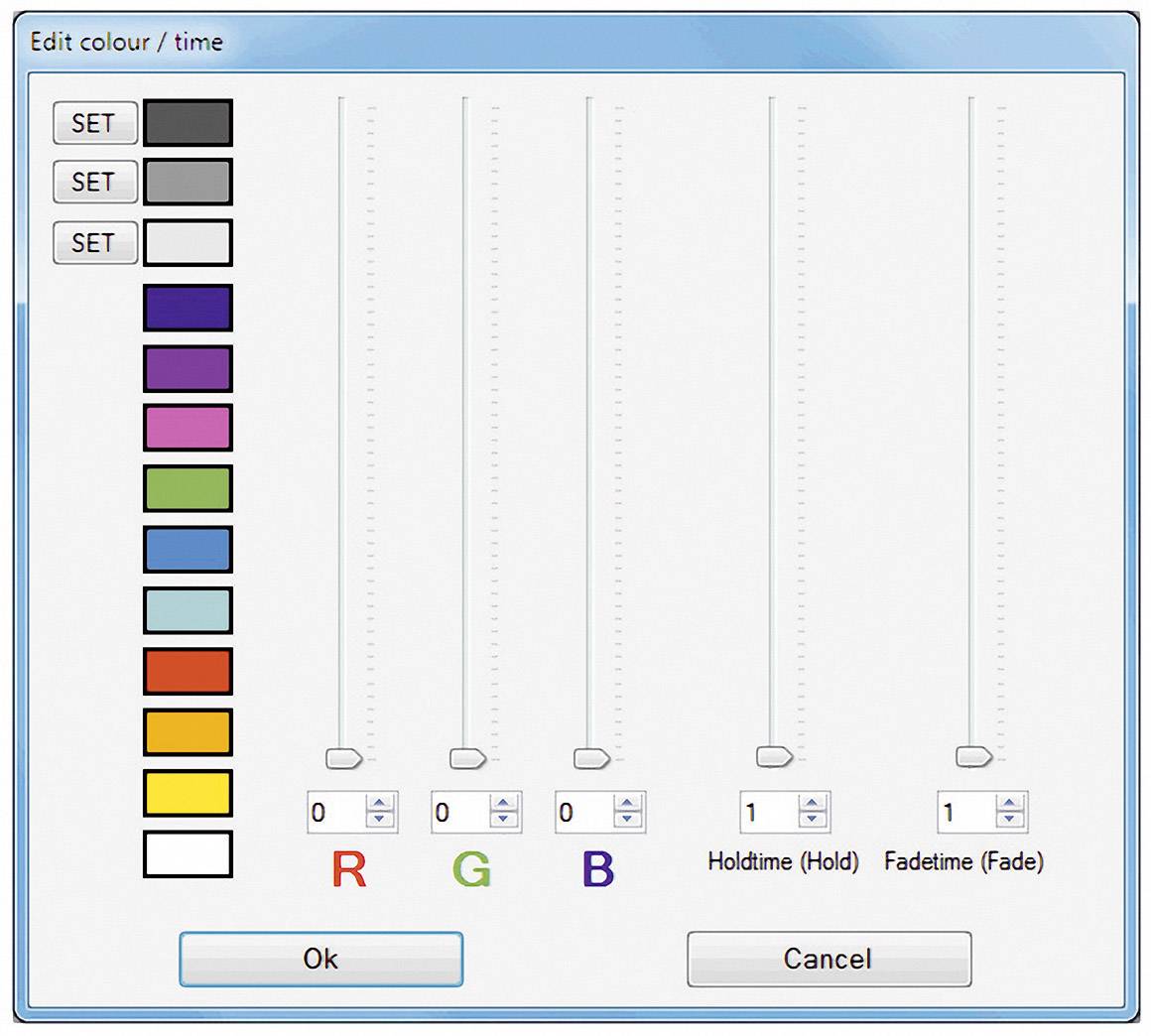Screen displays a colour control window with sliders for RGB values. There are buttons for setting colours and options for hold time and fading.