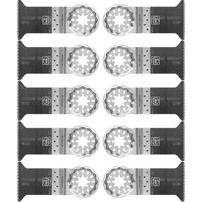 Ten oscillating saw blades arranged in two columns, with rounded corners and serration at the top. Blades are silver and black.