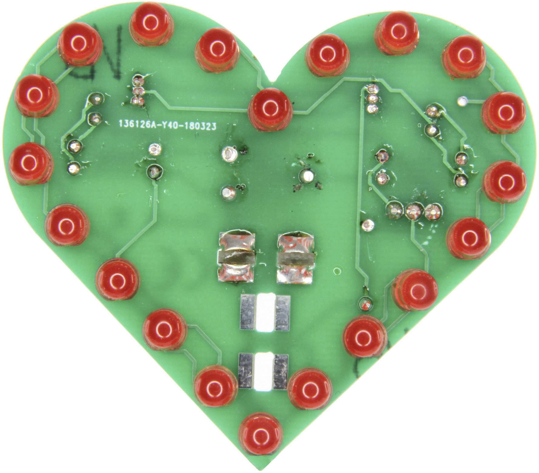 A heart-shaped circuit board with several red LED lights around the edge. It looks decorative and technological.