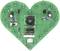 Green, heart-shaped printed circuit board with electronic components, such as resistors and USB port, symbolises technology and innovation.
