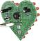 Heart-shaped green circuit board with electronic components, red LED lights and a USB port, showcasing technical creativity.
