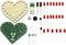 Electronic kit in heart shape: wooden frame, green circuit board, USB plug, switch, resistors, capacitors, light-emitting diodes.