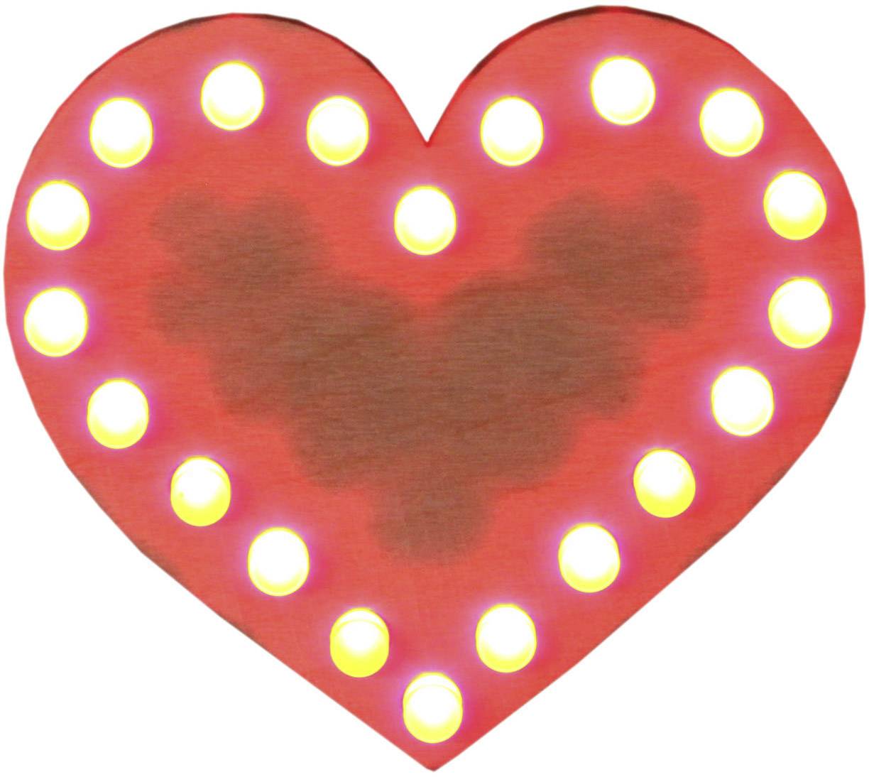 A red heart with a border of glowing light bulbs.
