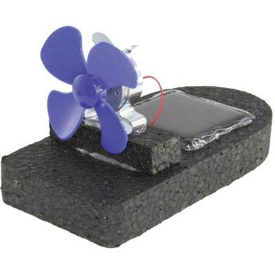 Small model boat made of black material with a blue propeller and solar panel, which uses solar energy for propulsion.