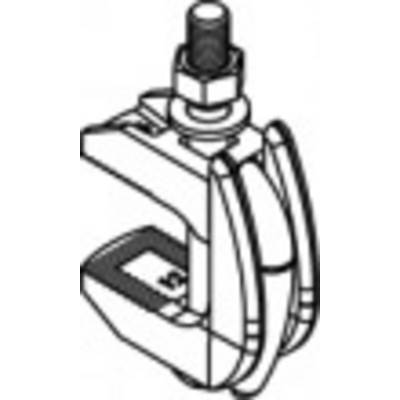 Black and white technical drawing of a pipe clamp with a screw, for securing pipes or rods to surfaces.