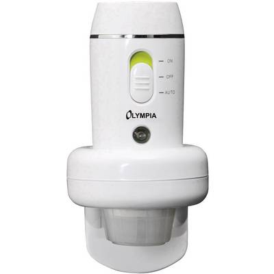 A white motion sensor with settings 'ON', 'OFF' and 'AUTO'. Brand name 'Olympia' on the front.