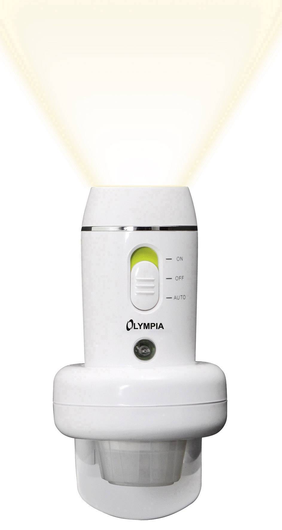 Torch with wall bracket, three functions: 'On', 'Off' and 'Auto'. Projects a bright light cone upwards. Brand: Olympia.