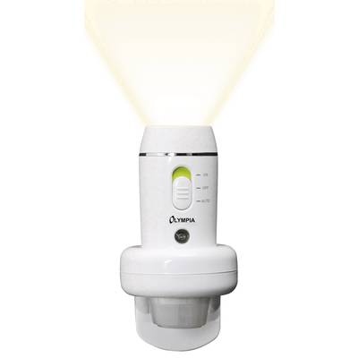 Torch with wall bracket, three functions: 'On', 'Off' and 'Auto'. Projects a bright light cone upwards. Brand: Olympia.