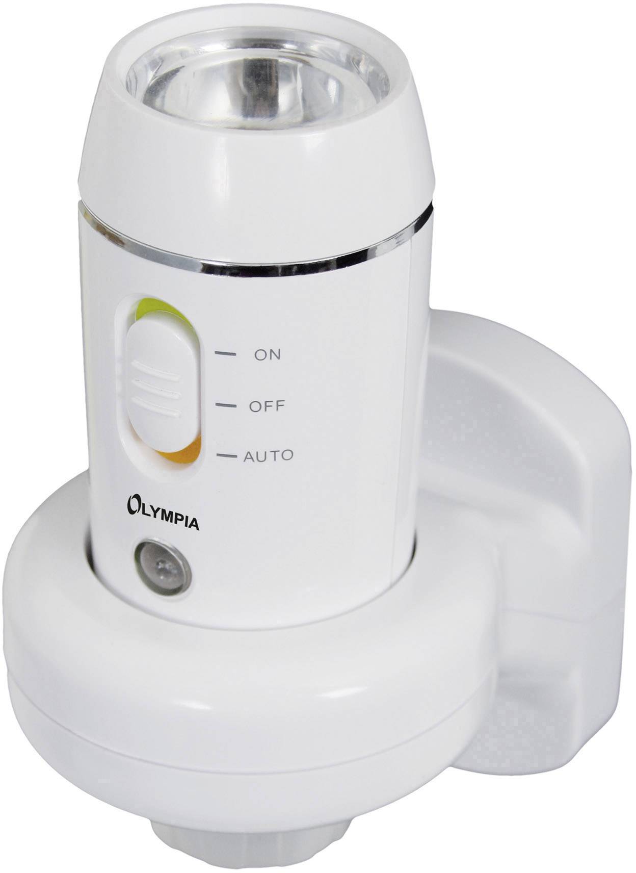 White portable pocket torch with switch and three modes: 'On', 'Off', 'Auto'. Mounted on a base station.