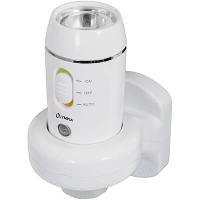 White portable pocket torch with switch and three modes: 'On', 'Off', 'Auto'. Mounted on a base station.