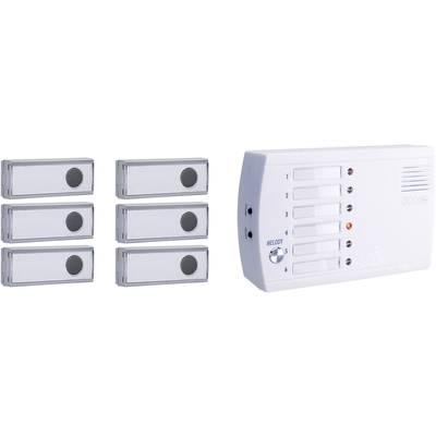 Six wireless doorbell push buttons on the left and a receiver with five adjustable melodies and speaker on the right.
