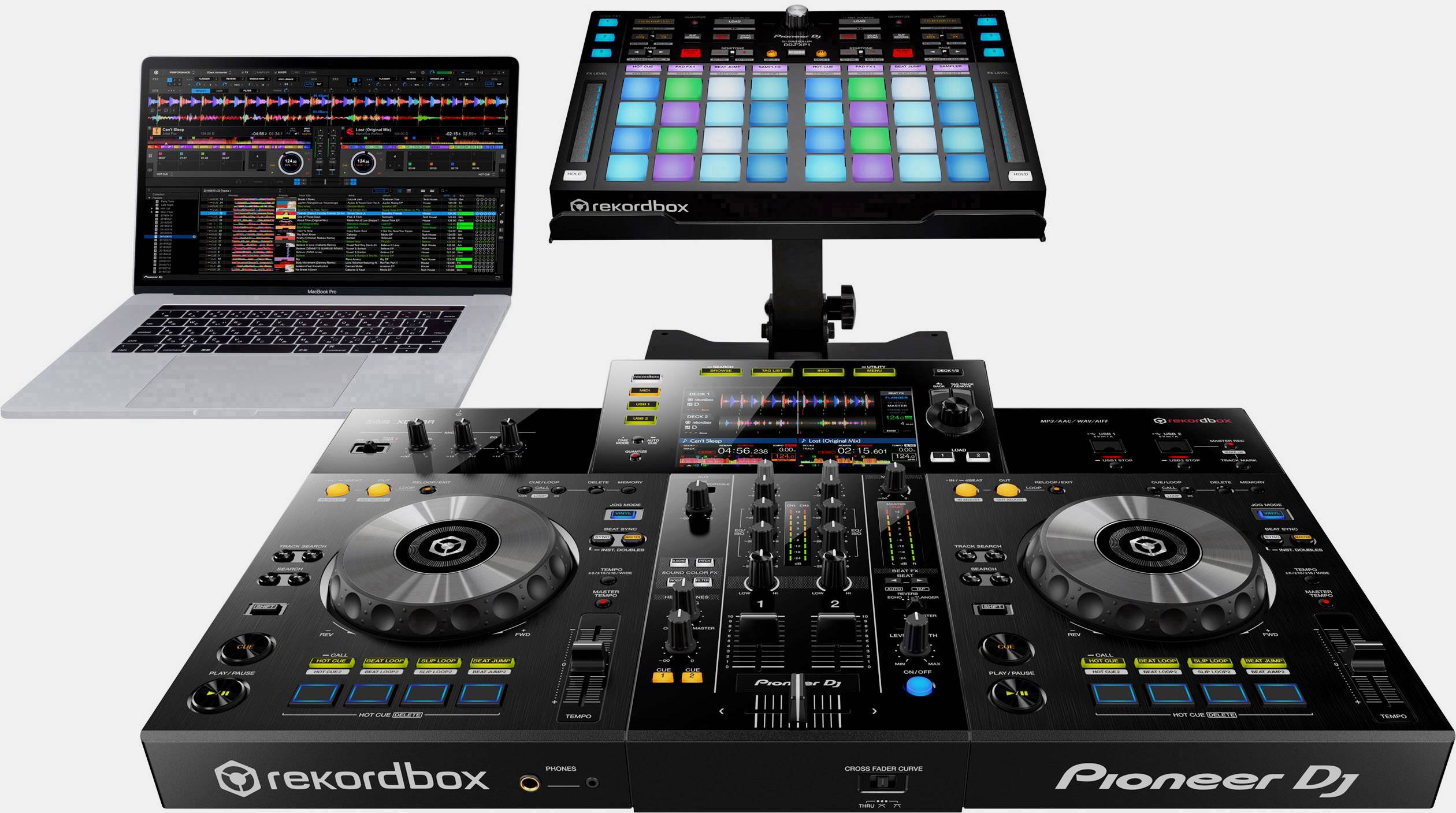 A Pioneer DJ controller with a laptop and software, displaying an interface with lights and controls for music management.