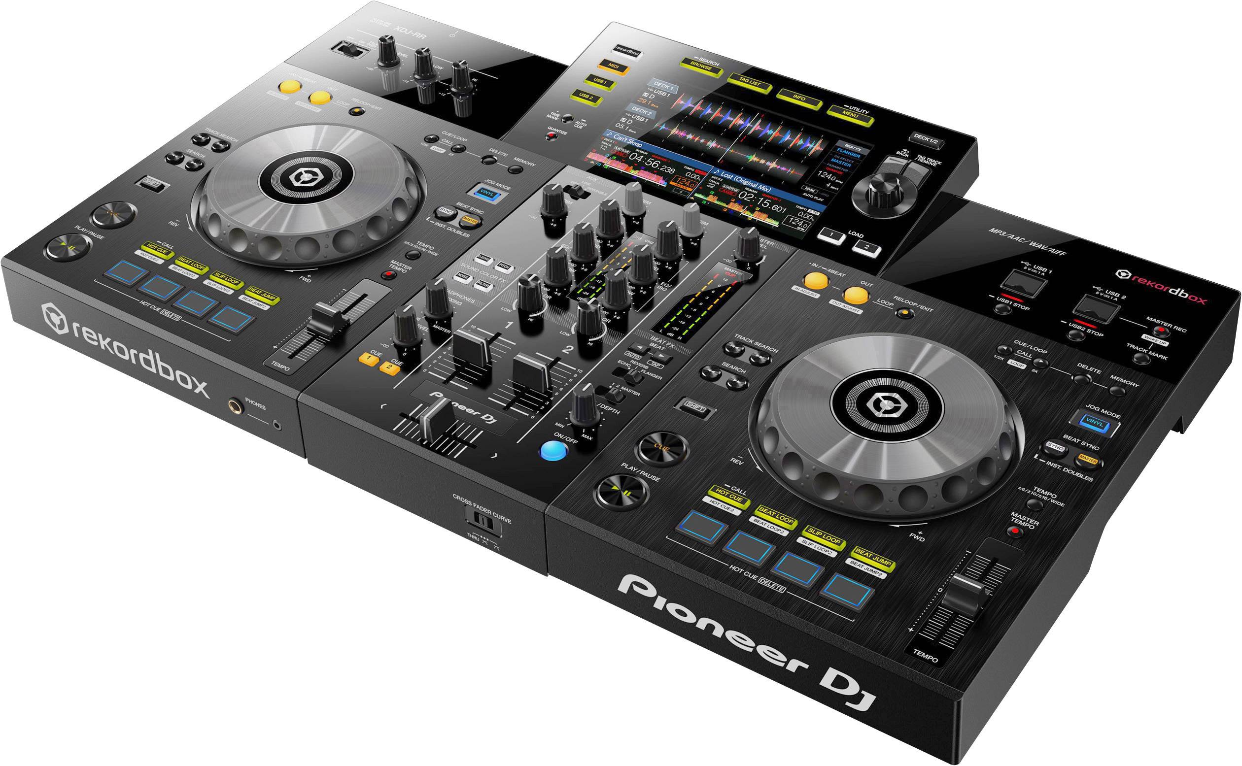 Professional DJ controller deck with two turntables, central mixing console, and illuminated buttons for music mixing and control.