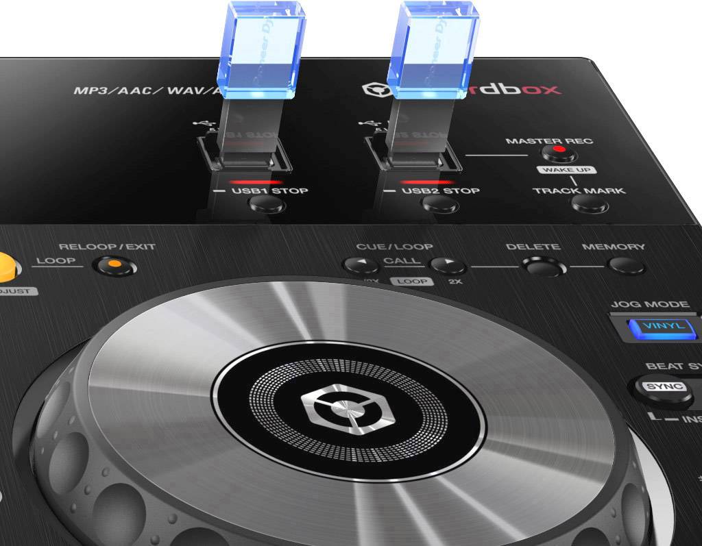 DJ Controller with silver jogwheel and blue LED indicators. Two USB ports on top, buttons for loop, cue, and more.
