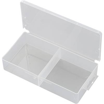 Clear plastic storage box with an open lid, divided into two compartments for organising or storing small items.