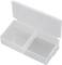 Clear plastic storage box with an open lid, divided into two compartments for organising or storing small items.