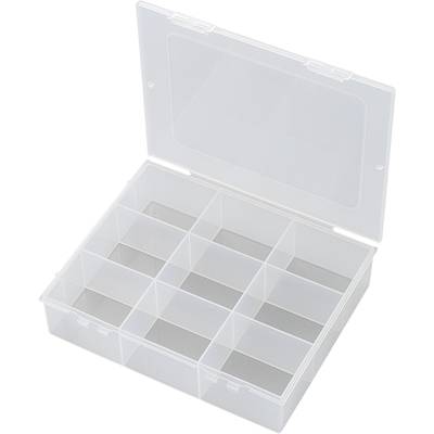 Transparent plastic storage box with a hinged lid and twelve equally sized compartments for storing small items.